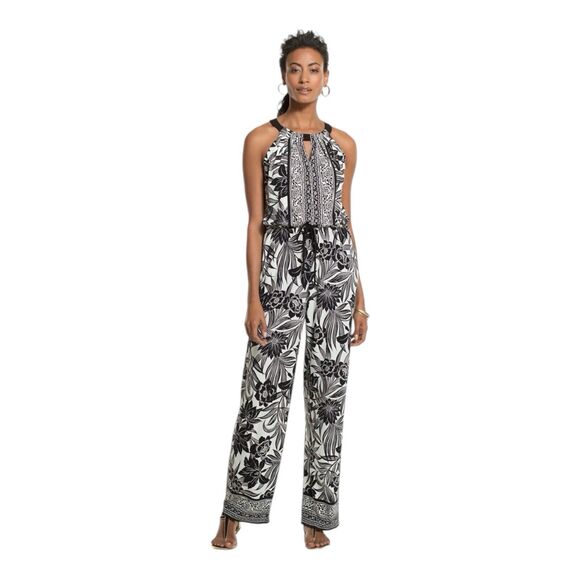 Chico's Pants - Chico’s Size 3 Marissa Jumpsuit Sleeveless Black White Graphic Floral Size XL 16